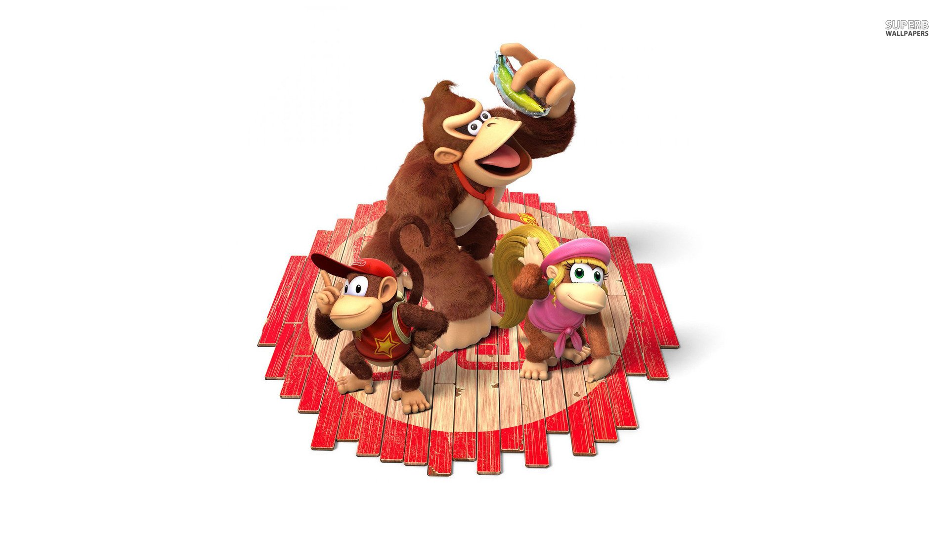 HD PC desktop wallpaper of the video game Donkey Kong Country: Tropical Freeze featuring Donkey Kong, Diddy Kong and Dixie Kong posed on a red-trimmed wooden platform.