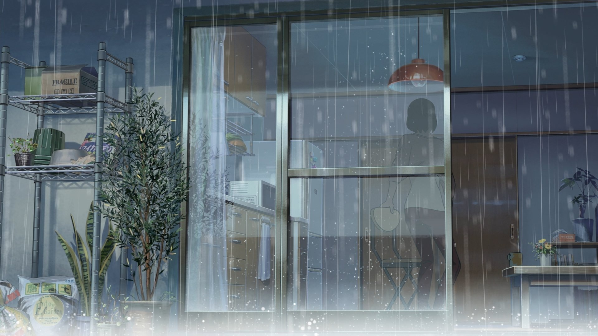 A serene HD wallpaper from the anime The Garden of Words, showcasing a rainy day scene through fogged glass, with gentle reflections and indoor plants adding to the tranquil atmosphere.