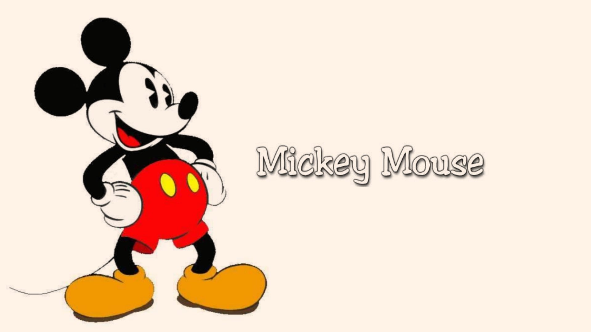 HD PC desktop wallpaper featuring classic Disney movie character Mickey Mouse standing with hands on hips against a light background.