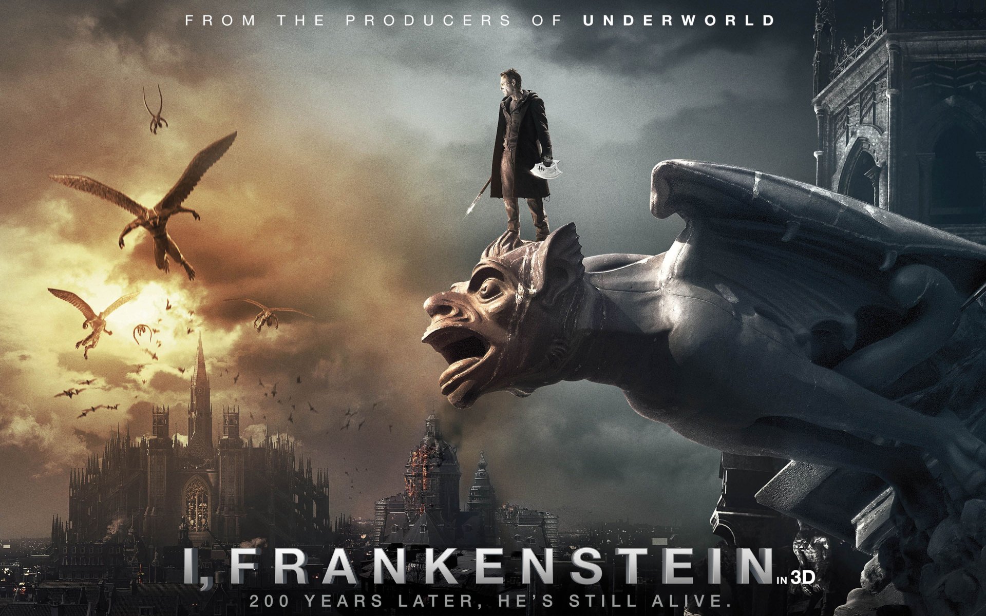 HD wallpaper from the movie I, Frankenstein, featuring a monumental cityscape with a figure atop a gargoyle, set against a dramatic sky with flying creatures.