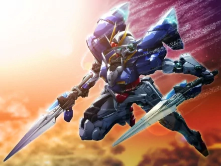 HD desktop wallpaper featuring a detailed, dynamic Gundam mecha in vibrant colors, against a backdrop of a striking sunset sky.