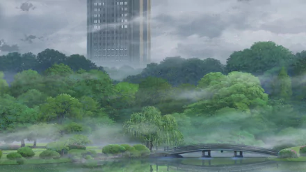 HD desktop wallpaper from The Garden of Words featuring a lush park scene with a bridge and skyscraper amid mist.