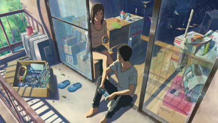 HD wallpaper from The Garden of Words featuring two characters in a cozy room filled with shelves and scattered objects.