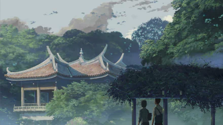HD wallpaper from The Garden of Words featuring a serene traditional pavilion and two silhouetted characters under a shelter amidst lush greenery.