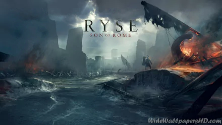 Stormy coastal battlefield from the video game Ryse: Son of Rome — HD PC desktop wallpaper background with ruined ships, fires, crumbling ruins and a lone armored warrior.