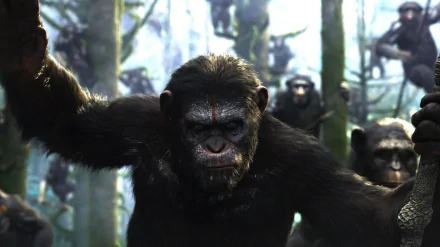 A powerful scene from Dawn of the Planet of the Apes, featuring a close-up of an ape in a dense forest surrounded by others, showcasing the film's stunning visual artistry.