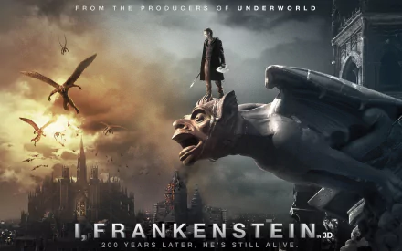 HD wallpaper from the movie I, Frankenstein, featuring a monumental cityscape with a figure atop a gargoyle, set against a dramatic sky with flying creatures.