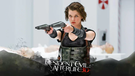 Milla Jovovich wields twin firearms in a scene from Resident Evil: Afterlife, showcasing her character's fierce determination in this action-packed movie. HD wallpaper for fans.