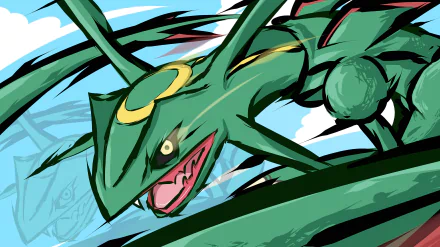 HD desktop wallpaper featuring Rayquaza, the legendary Pokémon from the video game series, against a dynamic, colorful background.