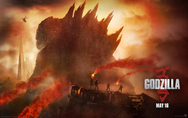 HD PC desktop wallpaper featuring Godzilla from the 2014 movie, towering amidst smoke and fire with helicopters and figures in the foreground.
