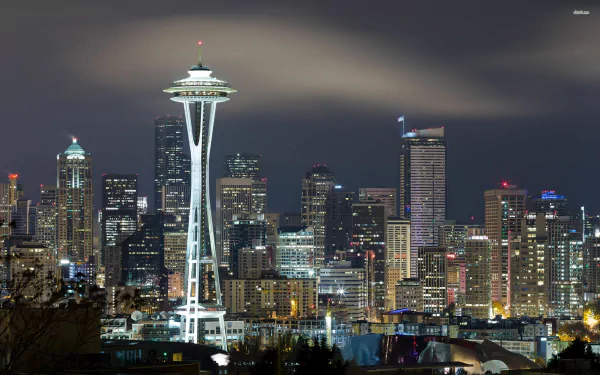 HD desktop wallpaper showcasing the illuminated Seattle skyline at night, featuring the iconic Space Needle among modern city buildings.