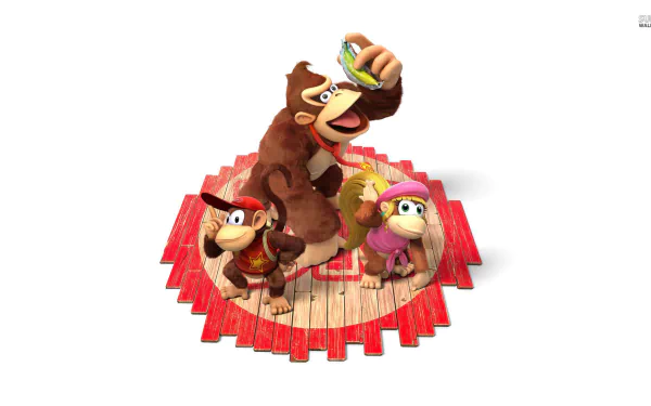 HD PC desktop wallpaper of the video game Donkey Kong Country: Tropical Freeze featuring Donkey Kong, Diddy Kong and Dixie Kong posed on a red-trimmed wooden platform.