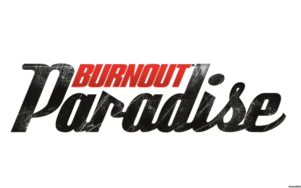 Stylized logo of the video game Burnout Paradise, showcasing bold typography in black and red, designed as an HD PC desktop wallpaper and background.