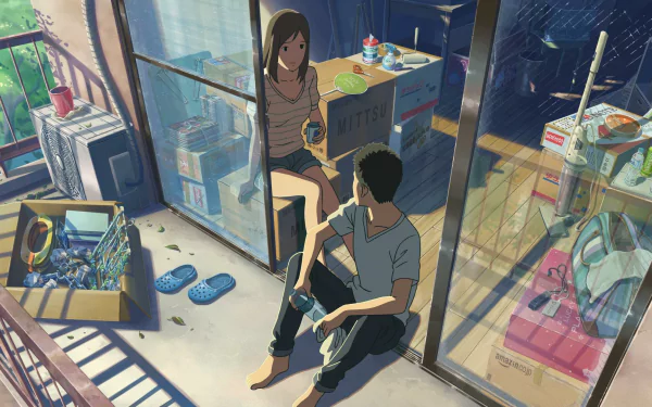 HD wallpaper from The Garden of Words featuring two characters in a cozy room filled with shelves and scattered objects.