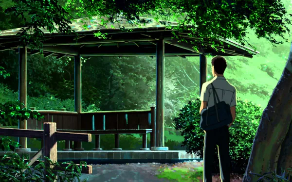 HD wallpaper with a scene from The Garden of Words, featuring a character overlooking a lush garden from a wooden shelter.