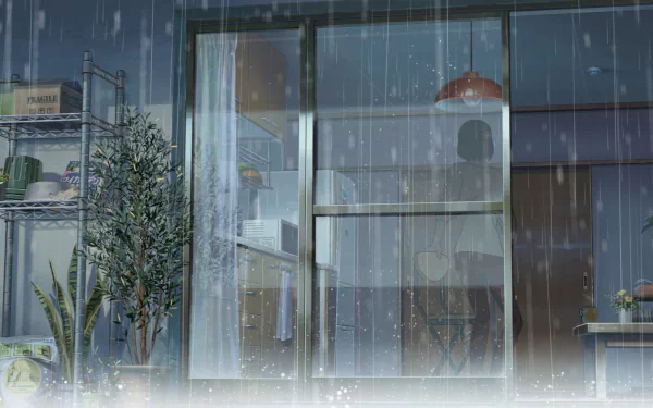 A serene HD wallpaper from the anime The Garden of Words, showcasing a rainy day scene through fogged glass, with gentle reflections and indoor plants adding to the tranquil atmosphere.