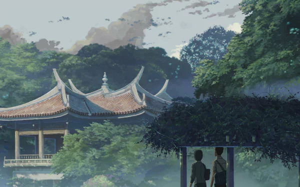 HD wallpaper from The Garden of Words featuring a serene traditional pavilion and two silhouetted characters under a shelter amidst lush greenery.