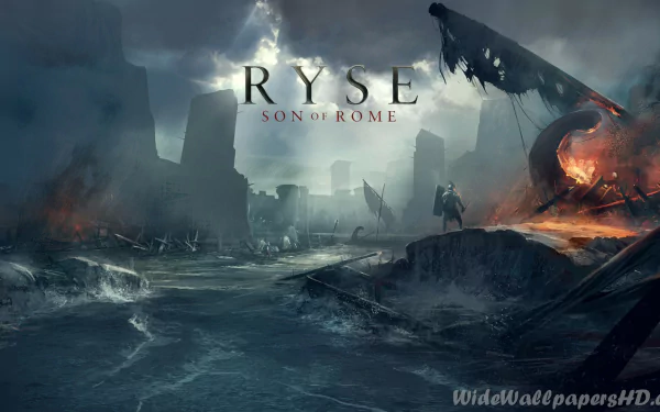 Stormy coastal battlefield from the video game Ryse: Son of Rome — HD PC desktop wallpaper background with ruined ships, fires, crumbling ruins and a lone armored warrior.