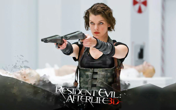 Milla Jovovich wields twin firearms in a scene from Resident Evil: Afterlife, showcasing her character's fierce determination in this action-packed movie. HD wallpaper for fans.