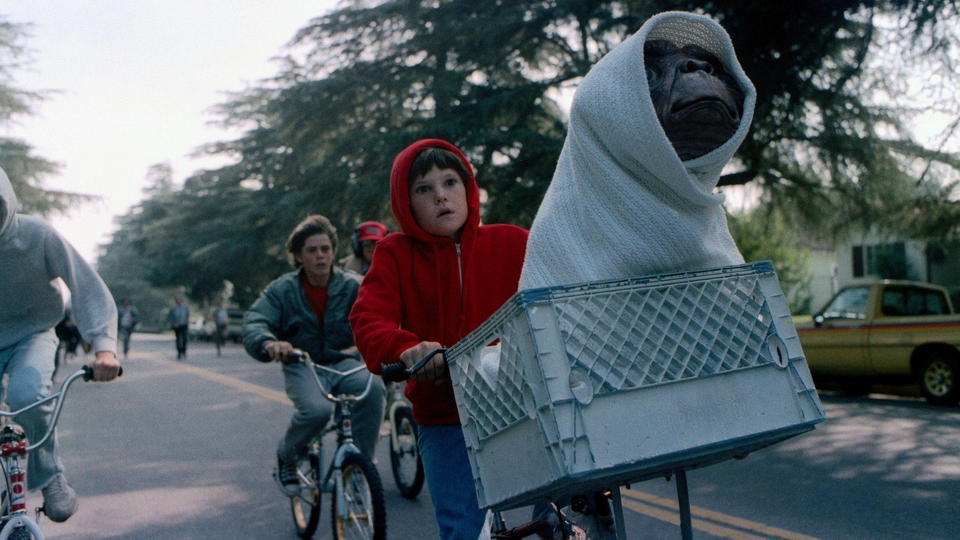 A scene from the movie E.T. the Extra-Terrestrial with a child in a red hoodie biking with E.T. in a basket. HD desktop wallpaper and background.