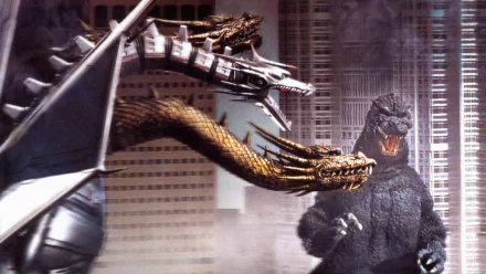 HD PC desktop wallpaper featuring Godzilla facing King Ghidorah in a dramatic scene from the movie Godzilla vs. King Ghidorah.