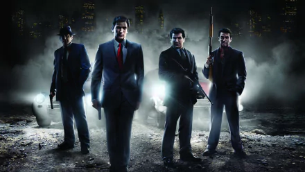 HD desktop wallpaper featuring characters from the video game Mafia II in a gritty, urban setting with city lights in the background.