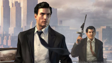 HD desktop wallpaper featuring two characters from the video game Mafia II, with one character in a suit and tie in the foreground and another holding a gun in the background, against a cityscape backdrop.