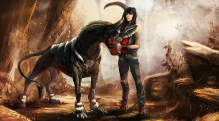 HD wallpaper featuring a fantasy depiction of a person standing next to Houndoom, a Pokémon resembling a dark, fearsome dog, set in a mystical forest background.