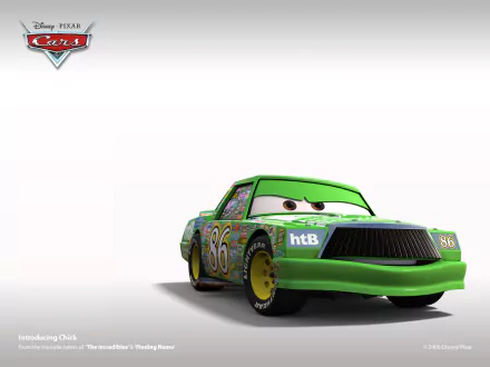 A vibrant HD wallpaper featuring a character car from Pixar's Cars, showcasing a green race car with expressive eyes and colorful decals against a clean background.
