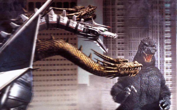 HD PC desktop wallpaper featuring Godzilla facing King Ghidorah in a dramatic scene from the movie Godzilla vs. King Ghidorah.