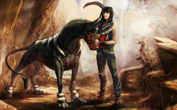 HD wallpaper featuring a fantasy depiction of a person standing next to Houndoom, a Pokémon resembling a dark, fearsome dog, set in a mystical forest background.