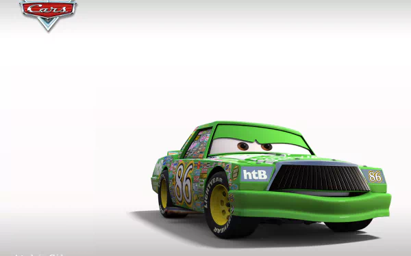 A vibrant HD wallpaper featuring a character car from Pixar's Cars, showcasing a green race car with expressive eyes and colorful decals against a clean background.