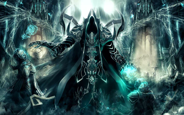 HD desktop wallpaper featuring Malthael from Diablo III: Reaper of Souls. The image showcases an ominous, dark scene with Malthael, the Angel of Death, surrounded by eerie blue-green energy and other characters.