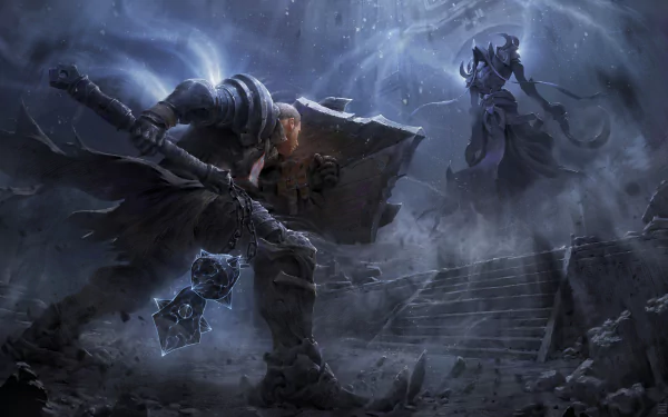 4K Ultra HD Diablo III: Reaper of Souls wallpaper featuring Crusader wielding a mace facing Malthael in a dark, ominous battlefield scene.