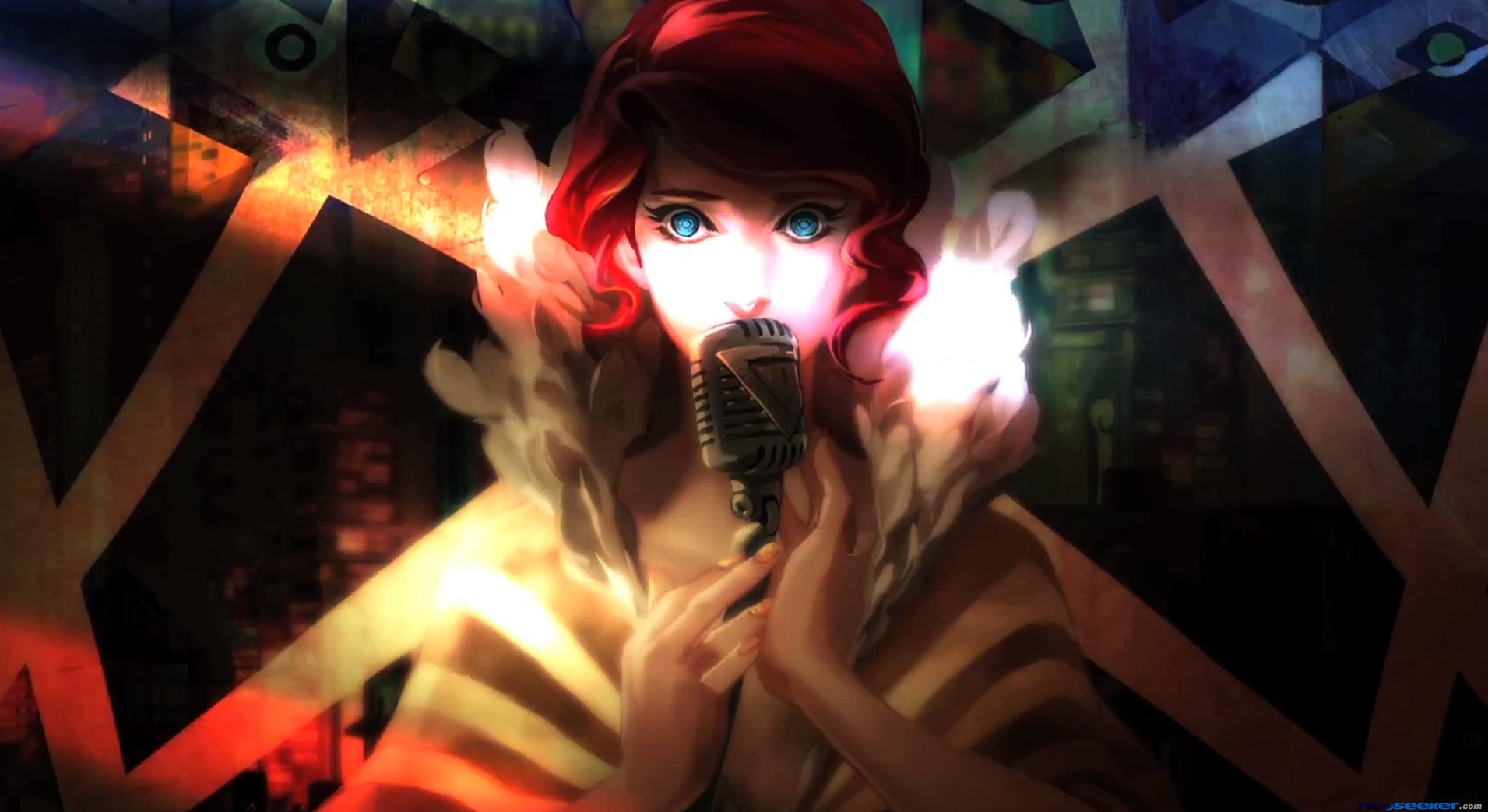 HD desktop wallpaper featuring a stylized image of a red-haired character from the game Transistor, singing into a microphone with glowing hands.