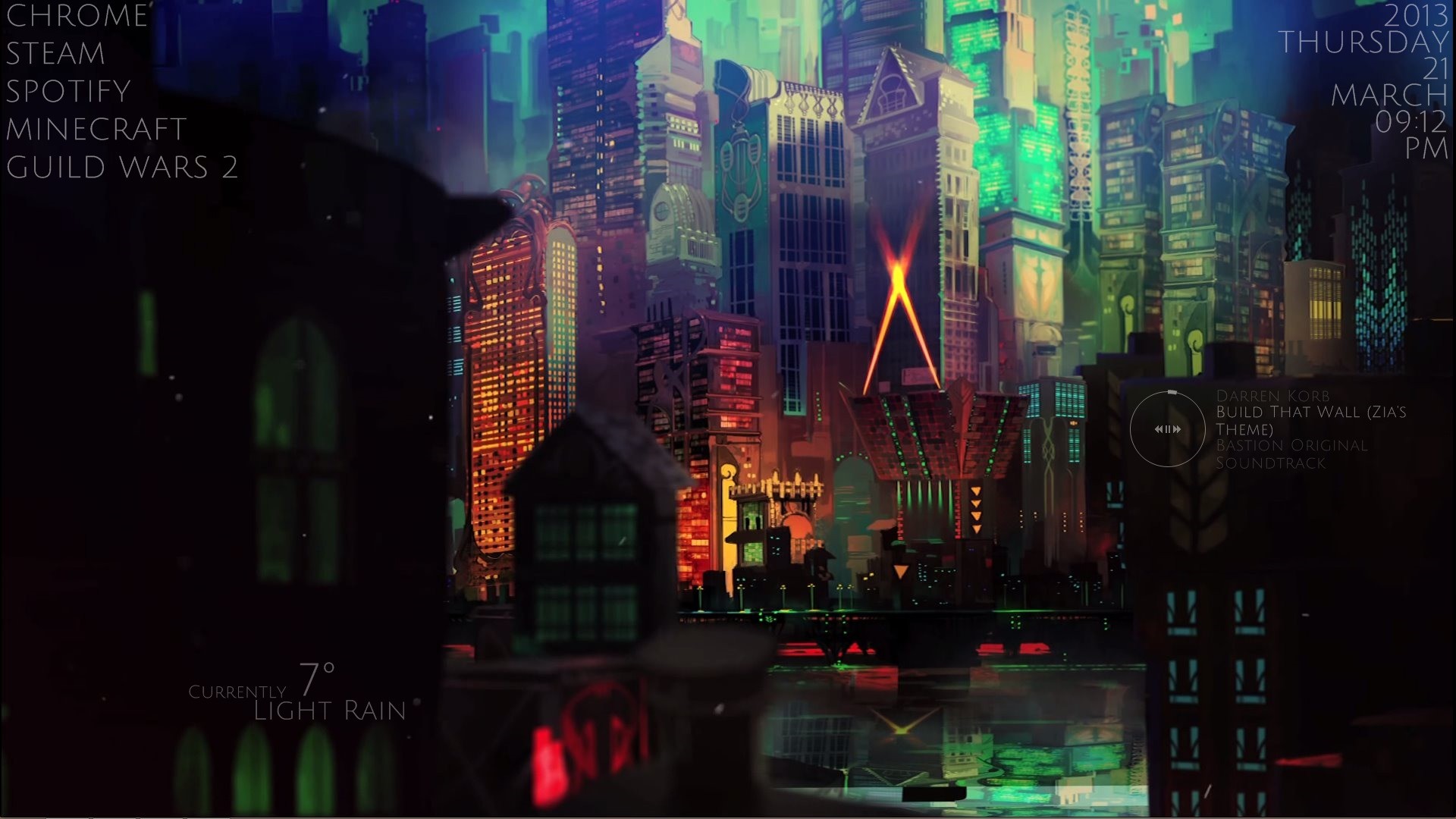 HD desktop wallpaper featuring a stylized cityscape from the game Transistor with vibrant colors and neon lights.