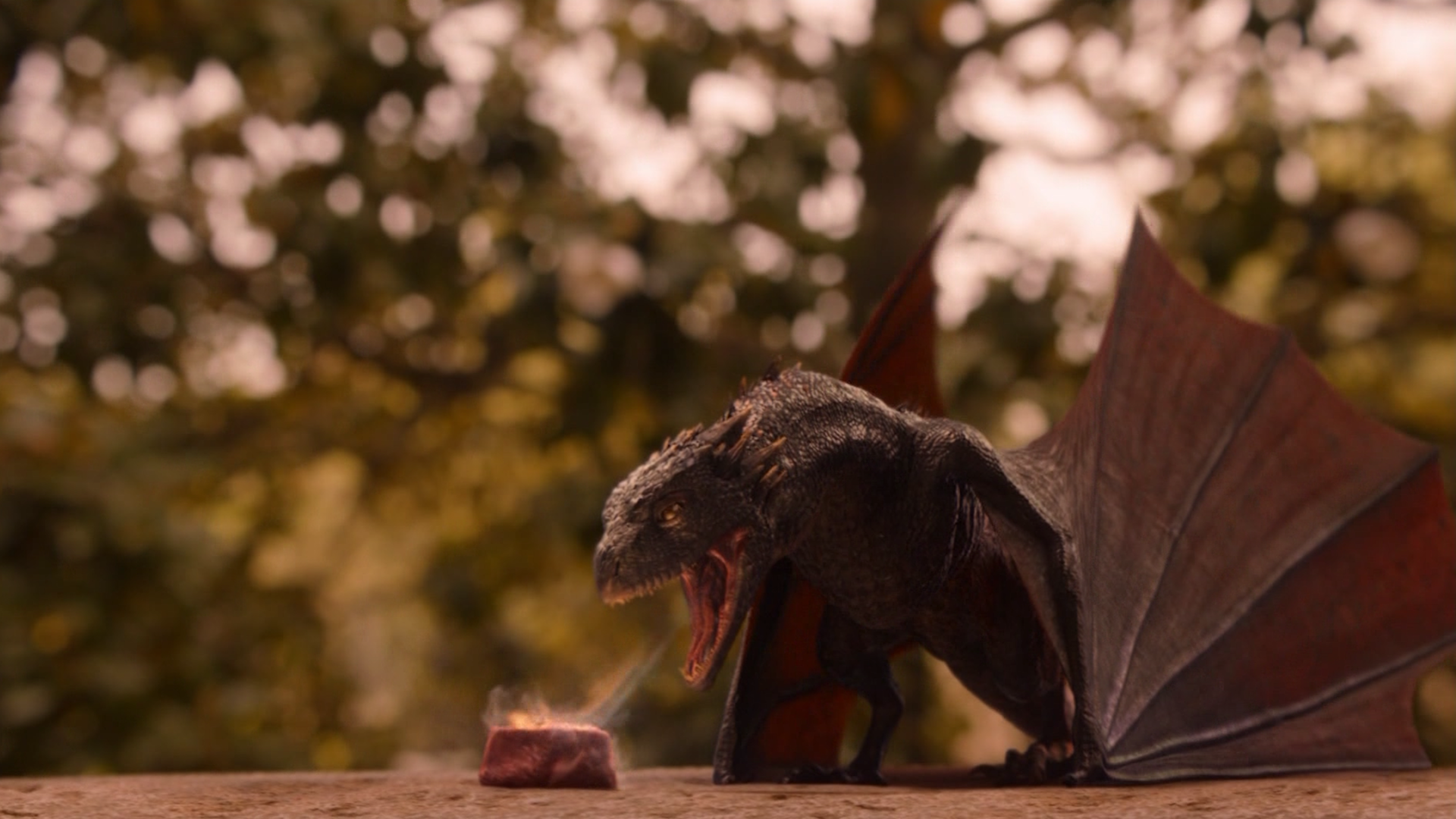 HD PC desktop wallpaper featuring a fierce dragon from the TV show Game of Thrones against a blurred natural background.
