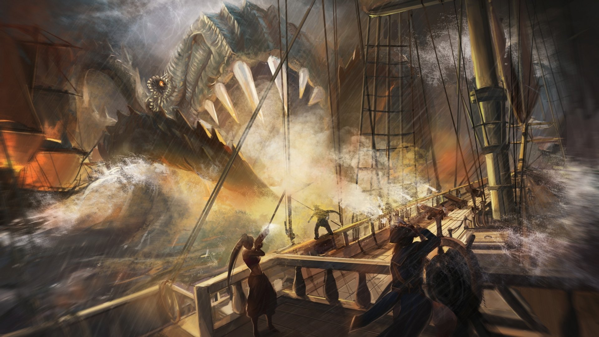 A dramatic fantasy sea monster attacks a ship amid stormy seas, captured in stunning 4K Ultra HD for a vivid PC desktop wallpaper.
