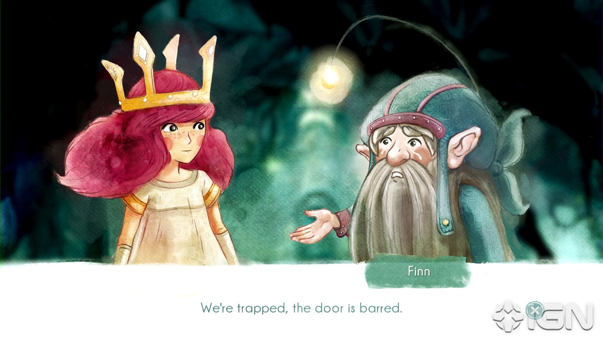 HD wallpaper from Child of Light featuring a concerned young girl in a crown and a gnome with dialogue We're trapped, the door is barred.