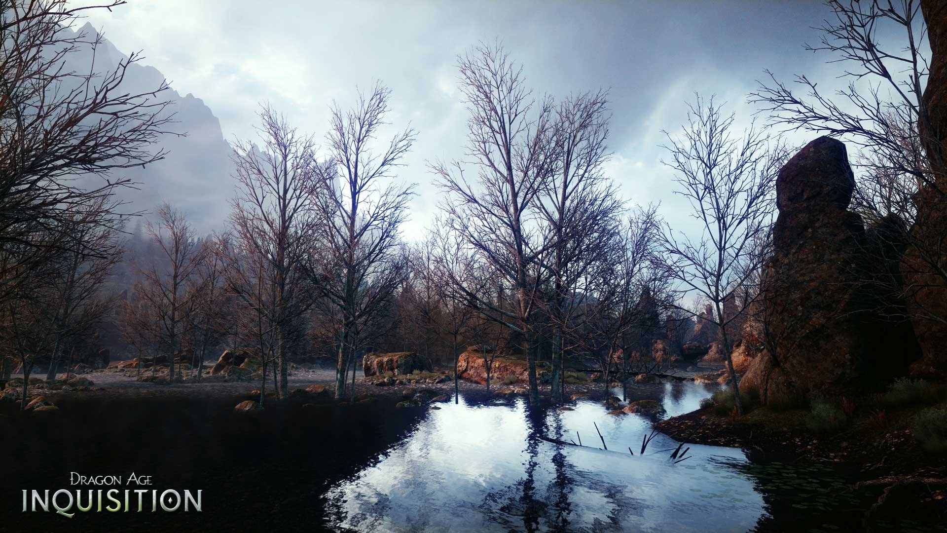 HD PC desktop wallpaper showcasing a serene, reflective water scene with leafless trees from the video game Dragon Age: Inquisition.