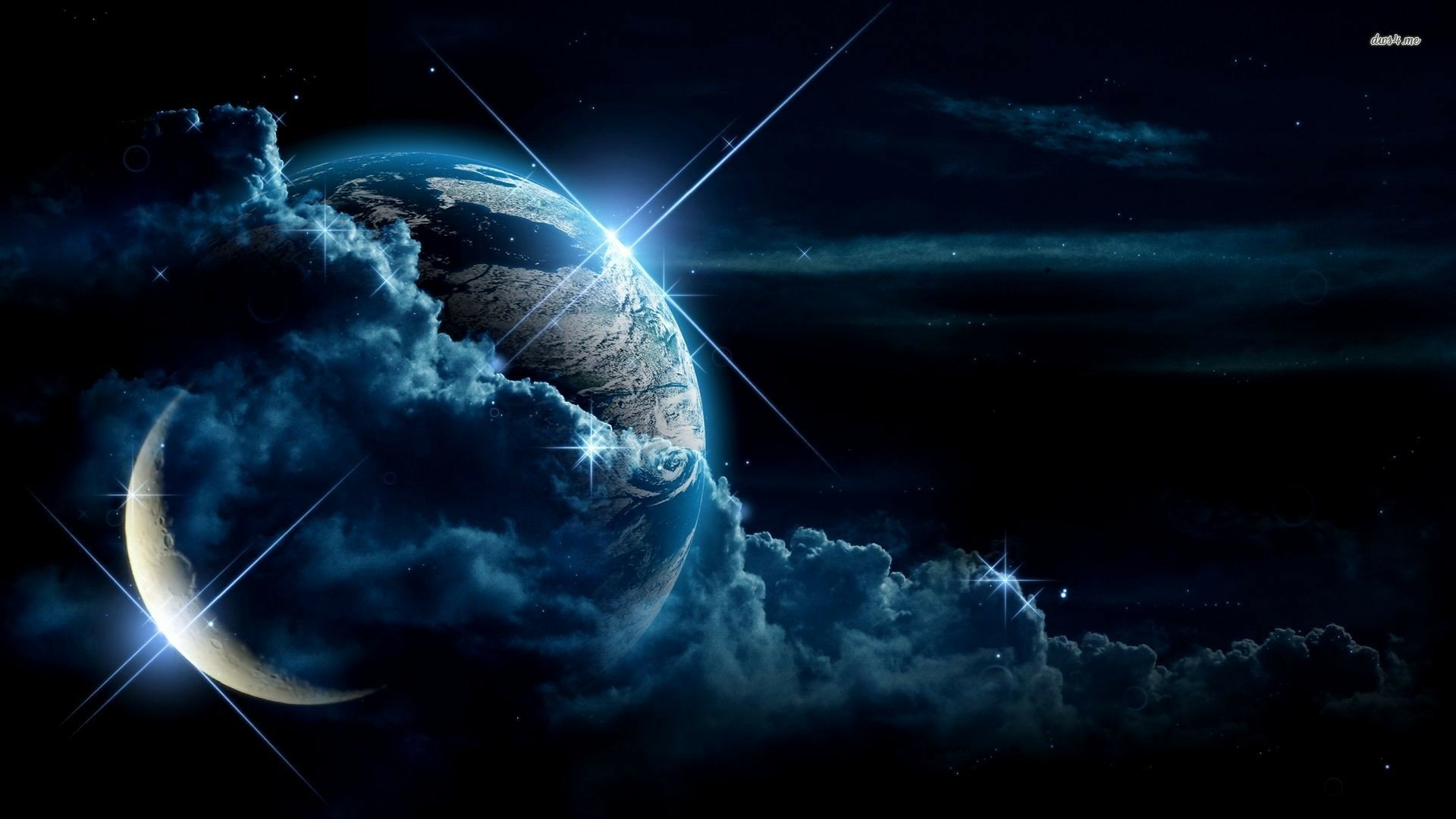 HD PC desktop wallpaper showing Earth from space, partially covered by clouds, with bright sunlight flares and a dark, starry cosmic background highlighting natural beauty.