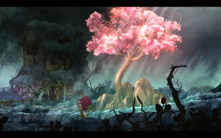 HD PC desktop wallpaper from the video game Child of Light, featuring a glowing pink tree in a dark, mystical forest with a small character approaching it.