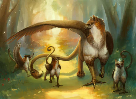 HD desktop wallpaper depicting a fantasy scene with a majestic griffin and three smaller griffins walking through a sunlit forest path.