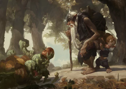 Fantasy creature HD PC desktop wallpaper and background: a hunched bearded forest giant with a staff carrying a child meets small green mushroom-like creatures along a misty woodland path.