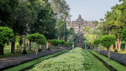 HD desktop wallpaper featuring the religious Borobudur temple surrounded by lush greenery and a lined pathway under a clear sky.
