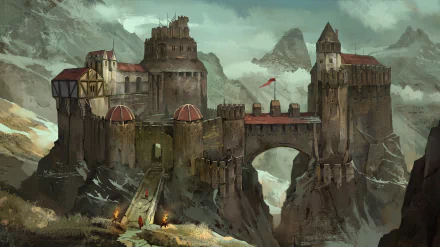 A majestic fantasy castle towers over a rugged landscape, featuring towering walls, battlements, and a grand bridge, set against a backdrop of distant mountains. HD PC desktop wallpaper.