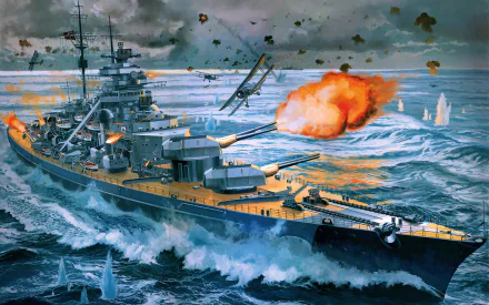Dynamic scene of the German battleship Bismarck, showcasing its firepower amid a dramatic oceanic battle, set as an HD desktop wallpaper and background.