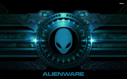 HD PC desktop wallpaper featuring a futuristic Alienware design with a glowing alien head and high-tech, blue-toned technology elements.