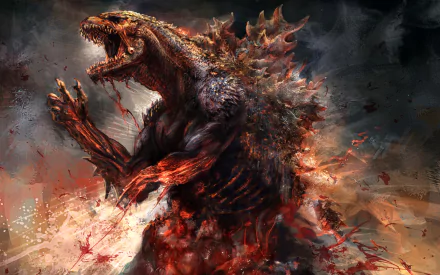 HD wallpaper from Godzilla 2014 featuring a fierce depiction of Godzilla with a dynamic, artistic background.