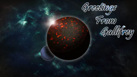 HD desktop wallpaper of Gallifrey: molten, red-flecked planet and moon in space against a teal nebula, caption Greetings From Gallifrey — Doctor Who (2005) TV show.